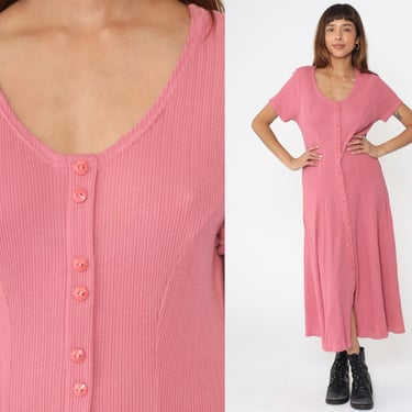 80s Pink Shirtdress Button Up Midi Dress Princess Seams Ribbed Cotton Scoop Neck 90s Fit Flare Short Sleeve Vintage 1980s Large 14/16W 