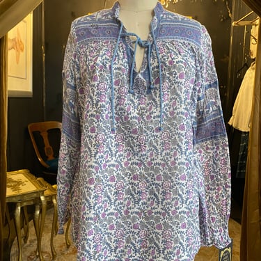1970s indian tunic, paper thin cotton, block print, vintage blouse, batik print, purple and blue, sheer floral, festival style, bird print 