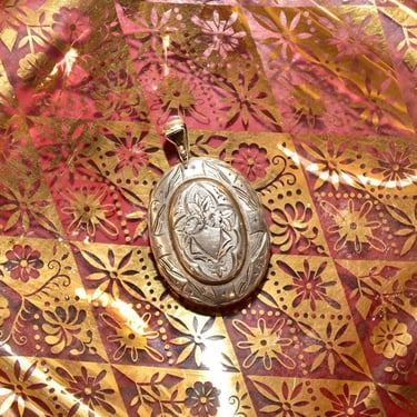 Vintage/Antique Hand-Engraved Sterling Silver Locket, Intricate Designs, Floral Motifs, Ornate Two-Sided Picture Locket, 2 5/8" L 