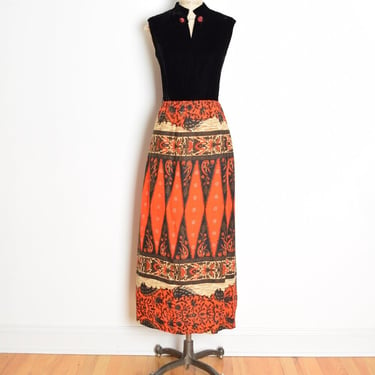 vintage 60s dress black velvet scarf print psychedelic hostess maxi gown L clothing orange 