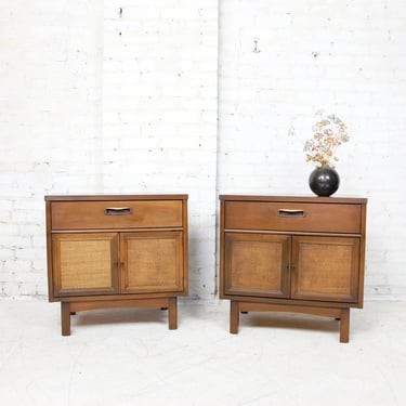 Vintage pair of nightstands / end tables with caned doors and formica top | Free delivery in NYC and Hudson Valley areas 
