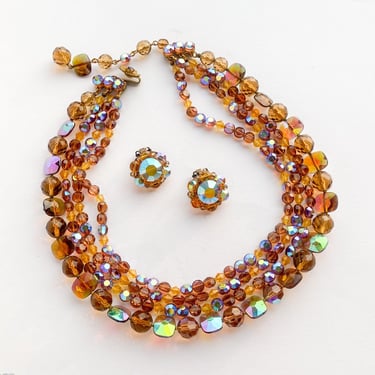 1950s Crystal Beaded Necklace & Earrings Set  | 50s Bronze Crystal Aurora Borealis Necklace Set | De Mario 