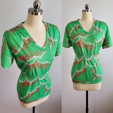 1970's Peasant Blouse with Abstract Tulip Print - 70's Blouse 70s Women's Vintage Size Large 