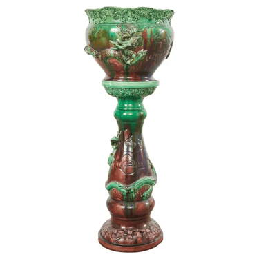 English Aesthetic Movement Pottery Japanese Dragon Jardinière on Stand