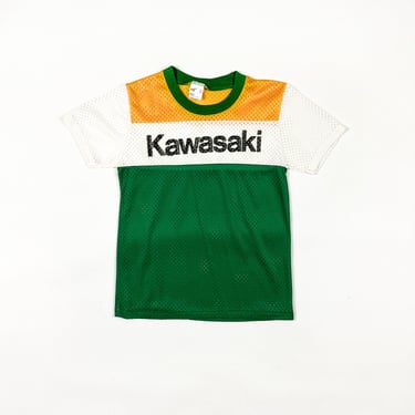 1970s / 1980s Kawasaki Mesh Jersey T Shirt / Boys Shirt / Sportswear By Sears / Vintage Baby Tee / Sheer / See Through / Bikes / Moto / S / 