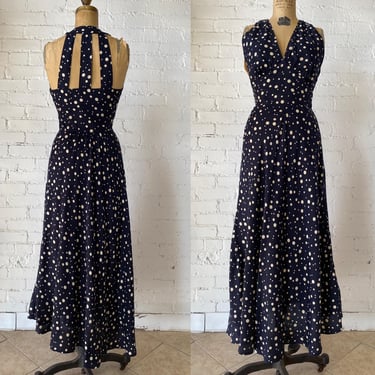 vintage 1980s karen alexander maxi dress, navy blue and white polka dot, cage back, size x-small, 80s fashion, 1990s dress, 25 26 