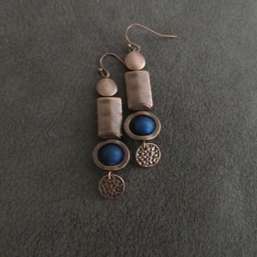 Industrial earrings, blue druzy agate and copper minimalist earrings, mid century modern earrings, unique Art Deco earrings, geometric 