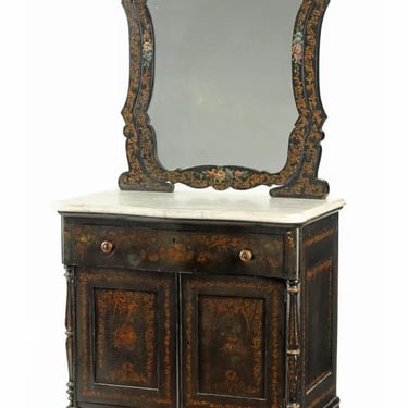 Antique Victorian Painted Marble-top Mirrored Vanity Table Washstand Chest 