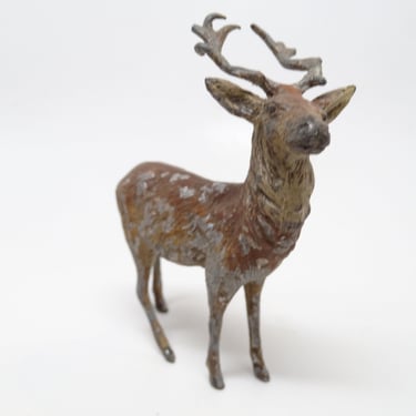 Antique German Metal Reindeer Hand Painted, Toy Lead Deer for Christmas Putz or Nativity 