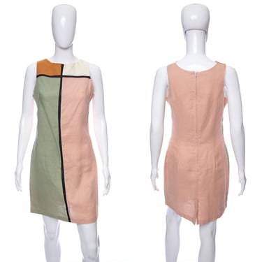 1980's Pink and Green Pastel Color Block Mondrian Style Dress Size M