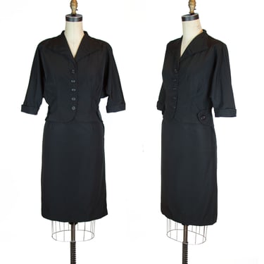 1950s Suit ~ Black Faille Dolman Sleeve Classic Skirt Jacket Set 