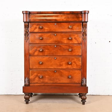 Antique Empire Flame Mahogany Highboy Chest of Drawers, Circa 1880s