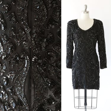 Vintage 80s black silk beaded sequin mini dress 