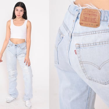 Levis 505 Jeans 90s 505s Straight Leg Jeans High Waisted Rise Relaxed Boyfriend Levi Strauss Distressed Ripped Vintage 1990s Medium 32 x 34 