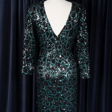 1980s Black and Green Stretchy Sequin Sheath Dress with Low Back by Night Line 