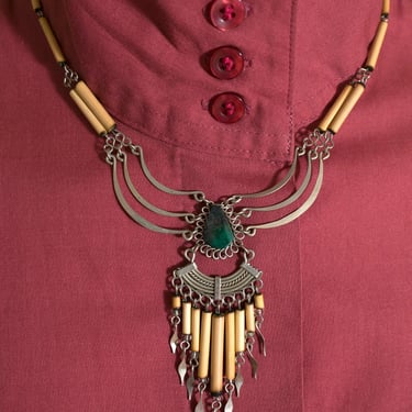 Vintage 70s Tribal Vibes Boho Necklace with Green Teardrop Stone & Fringe 