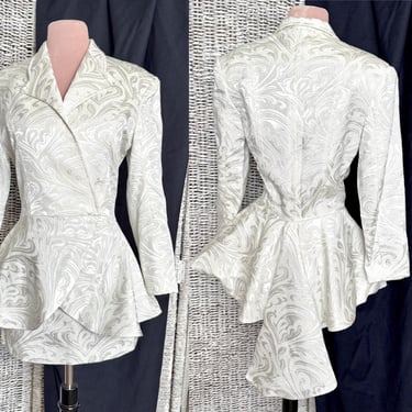 Fabulous 2-Pc Peplum Jacket and Skirt, Silver Lurex Design, Coat Tails, Abstract, Cocktail Dress, Evening Wear, Suit, Vintage 90s 