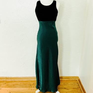 90s Black Velvet and Iridescent Dark Green Maxi Dress with Lace Up Back | Extra Small/Small 