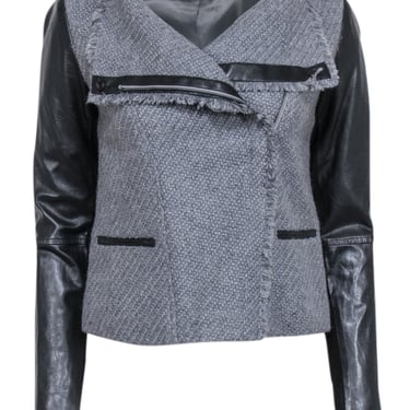Vince - Grey Wool Asymmetric Jacket w/ Leather Sleeves Sz S