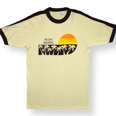 Vintage 70s Nassau Bahamas Sunset  Destination/Souvenir Style Made in USA Graphic Ringer T-Shirt Size XL 