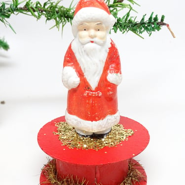 Vintage Bisque Santa Christmas Candy Container, Hand Painted Santa is Attached to Top of Red Cardboard Box, Glitter and Tinsel Trim 