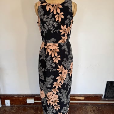 Sleeveless Black Floral Print Maxi Dress - 1990s 