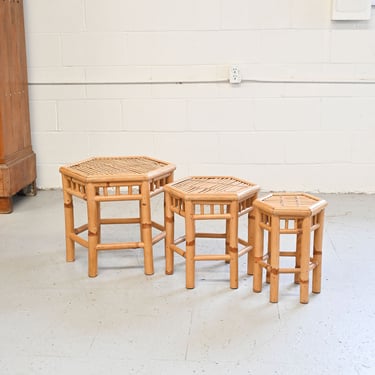 trio of vintage french hexagonal bamboo nesting tables