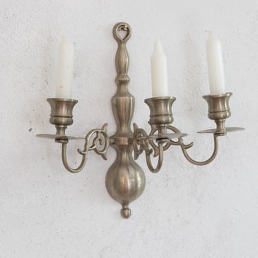 Small Three Candle Pewter Toned Wall Sconce, Candlestick Holder Sconce for Three Taper Candles 