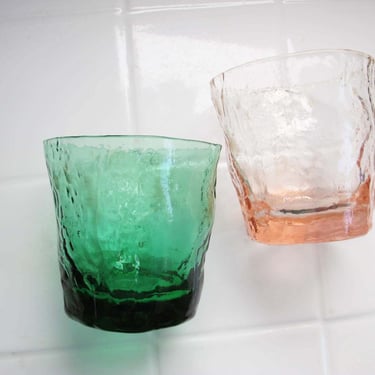 Vintage Green Pink Crinkle Low Ball Glass Tumblers Set of 2 - Colorful Textured Glass Cocktail Barware 