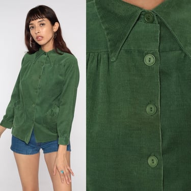 Green Corduroy Shirt 60s 70s Button Up Blouse Hippie Top Dagger Collar Pocket Shirt 1970s Vintage Long Sleeve Collared Retro Boho Small S 
