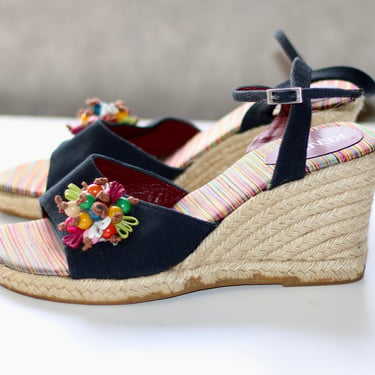 Vintage Kenzo Espadrille Wedge Heel Sandals with Embellished with Colorful Beads - Size 8 
