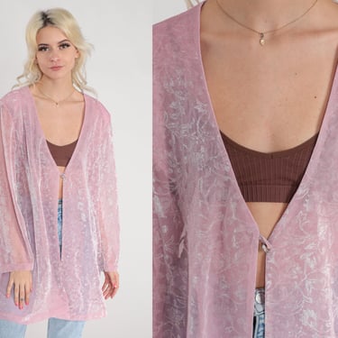 Sheer Pink Jacket Y2K Metallic Floral Cardigan Boho Hippie Top Deep V Button Up Long Sleeve Blouse Summer Festival Bohemian Vintage 00s XL 