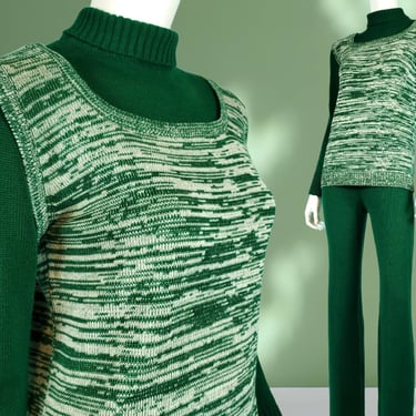 60s mod sweater pantsuit. Green knit pants & top set. Integrated vest space dyed elastic waist acrylic. Aprés ski loungewear street. (S/M) 