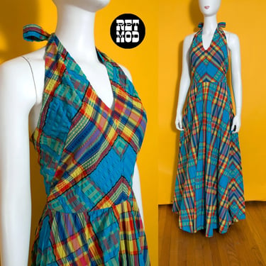 WOW Vintage 70s Blue Rainbow Seersucker Plaid Halter Maxi Gown Dress 