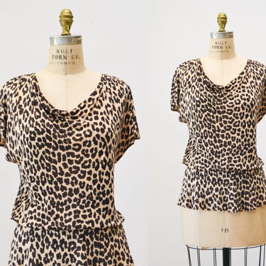 90s Animal Print Cowl Neck Leopard Print Knit Top Shirt Medium// Vintage Animal Print Cowl Neck Blouse Top by Criscione 
