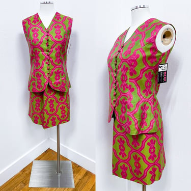 1960s/1990s Handmade Silk Hot Pink & Lime Green Abstract Print Lined Blouse w Matching Skirt Suit XS | Vintage, Deee-Lite, Groovy, Retro 