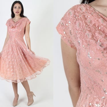 Solid Salmon Color 1950s Illusion Dress, Vintage Sheer Lace Floral Evening MCM Gown, Side Zipper Rockabilly Cupcake Midi Dress 