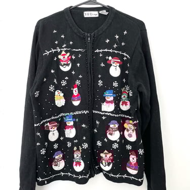 Vintage 90s Beaded Zipper Front Snow Globe Design Ugly Christmas Sweater Cardigan 