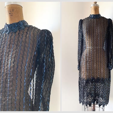 Vintage ‘70s ‘80s black & blue sequin party dress | sheer dress, puff shoulders, cocktail, NYE, S 