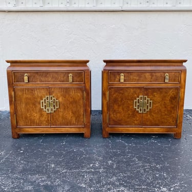 SOLD Set of 2 Vintage Burl Wood Chinoiserie Nightstands by Raymond Sobota Century Chin Hua FREE SHIPPING Asian Hollywood Regency Furniture 