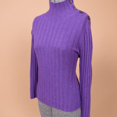 Purple Button-Shoulder Ribbed Mock Neck Sweater by Wallace, S/M
