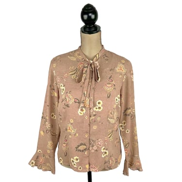 M - 90s Retro Floral Blouse, Tie Neck Bohemian Secretary Feminine Long Sleeve Button Up with Flared Cuffs 1990s Clothes Women JANTZEN Medium 