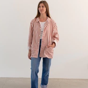 Vintage Rust Red Striped Shirt Jacket | Stripe Cotton Pajama Chore shirt | L | 