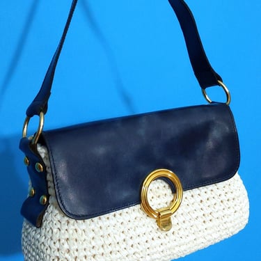 DEADSTOCK Vintage 60s 70s White Raffia Woven Purse with Navy Leather and Gold Clasp 