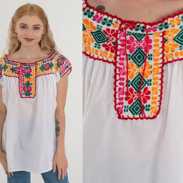 Floral Embroidered Blouse 90s White Mexican Top Peasant Hippie Cap Sleeve Bohemian Tent Shirt Summer Festival Flowy Cotton Vintage 1990s XS 