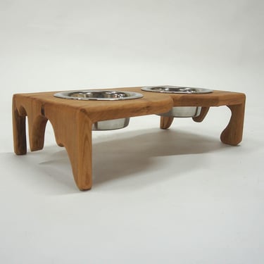 Modern Pet Bowl, Wooden Pet Feeding Tray with Dripped Edge Design and Metal Bowls - Cherry 