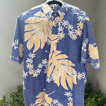 Vintage Reyn Spooner Mens Hawaiian shirt blues yellow floral size Large 