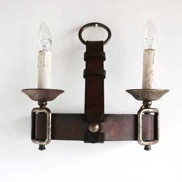 Jacques Adnet Style Leather And Wrought Iron Wall Sconce 1950s Mid Century Design French Brutalist Rustic Industrial Statement Piece 