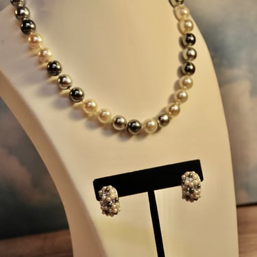 Designer Pearl Necklace & Earring Set Signed Erwin Pearl Rhodium Plated Chocker CZ's Grays and Creams Reversible Hugs Earrings Glass Pearls 