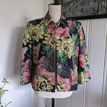 Early 2000s Silk Tropical Floral Pineapple Button Up Top Jacket 